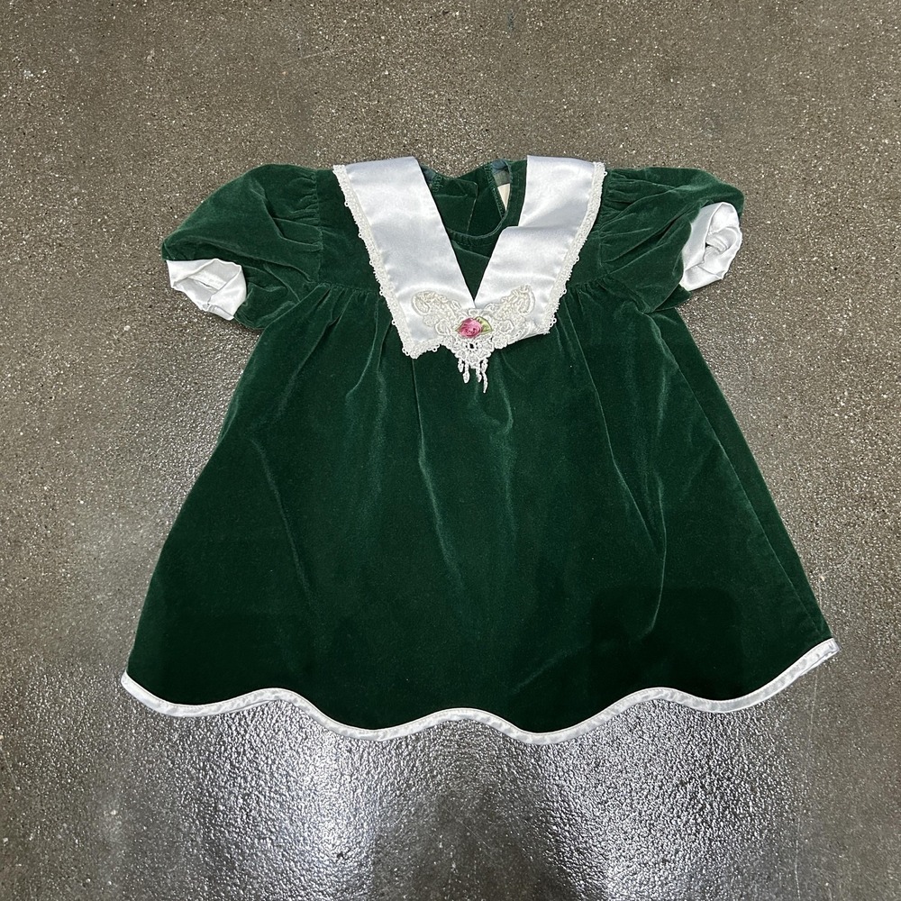 Little Precious Green‎ Velvet Holiday Dress White Lace Trim Childrens Outfit